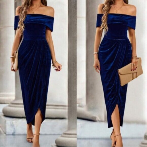 Luxe Velvet Off Shoulder Evening Party Wedding Formal dress - Picture 8 of 9